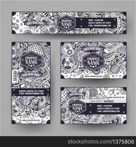 Corporate Identity vector templates set design with doodles hand drawn Disco music theme. Line art banner, id cards, flayer design. Templates set. Corporate Identity vector templates set design with doodles hand
