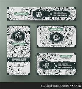 Corporate Identity vector templates set design with doodles hand drawn electric cars theme. Line art banner, id cards, flayer design. Templates set. Corporate Identity with doodles electric cars theme