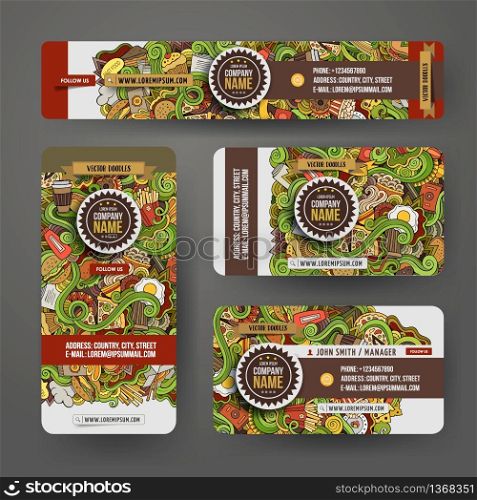 Corporate Identity vector templates set design with doodles hand drawn fastfood theme. Colorful banner, id cards, flayer design. Templates set. Corporate Identity fastfood theme vector set