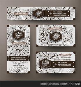 Corporate Identity vector templates set design with doodles hand drawn Hairdresser theme. Line art banner, id cards, flayer design. Templates set. Corporate Identity vector set design doodles Hairdresser theme
