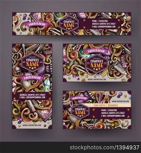 Corporate Identity vector templates set design with doodles hand drawn Hairdresser theme. Colorful banner, id cards, flayer design. Templates set. Corporate Identity vector set design doodles Hairdresser theme
