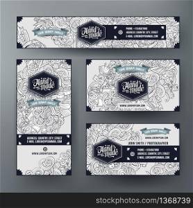 Corporate Identity vector templates set design with doodles hand drawn hand made theme. Line art banner, id cards, flayer design. Templates set. Corporate Identity set with doodles hand drawn handmade theme