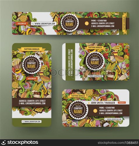 Corporate Identity vector templates set design with doodles hand drawn handmade theme. Colorful banner, id cards, flayer design. Templates set. Corporate Identity set design with fastfood doodles