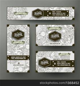 Corporate Identity vector templates set design with doodles hand drawn handmade theme. Sketchy banner, id cards, flayer design. Templates set. Corporate Identity set design with fastfood doodles