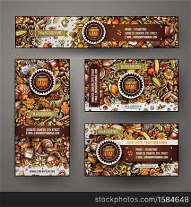 Corporate Identity vector templates set design with doodles hand drawn Happy Thanksgiving theme. Colorful banner, id cards, flayer design. Templates set. Vector templates set design with doodles hand drawn Happy Thanksgiving theme.