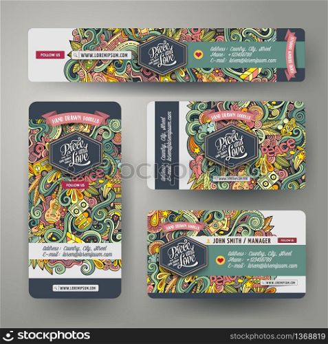 Corporate Identity vector templates set design with doodles hand drawn hippie theme. Colorful banner, id cards, flayer design. Templates set. Cartoon vector doodles hippie corporate identity