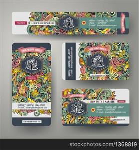 Corporate Identity vector templates set design with doodles hand drawn hippie theme. Colorful banner, id cards, flayer design. Templates set. Cartoon vector doodles hippie corporate identity
