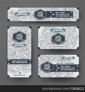 Corporate Identity vector templates set design with doodles hand drawn hippie theme. Line art banner, id cards, flayer design. Templates set. Cartoon vector doodles hippie corporate identity