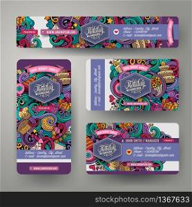 Corporate Identity vector templates set design with doodles hand drawn Holidays theme. Colorful banner, id cards, flayer design. Templates set. Corporate Identity set with doodles hand drawn Holidays theme