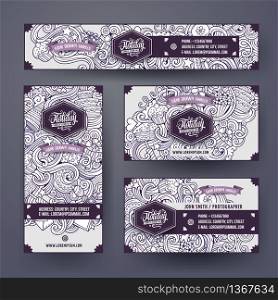 Corporate Identity vector templates set design with doodles hand drawn Holidays theme. Line art banner, id cards, flayer design. Templates set