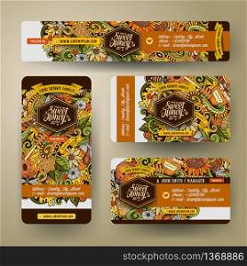 Corporate Identity vector templates set design with doodles hand drawn Honey theme. Colorful banner, id cards, flayer design. Templates set. Corporate Identity vector templates set design with doodles hand drawn Honey theme