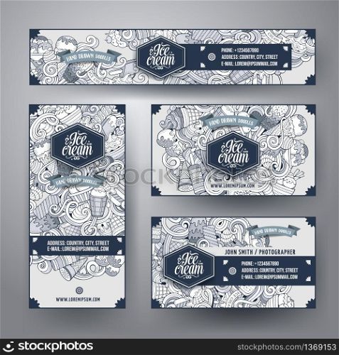 Corporate Identity vector templates set design with doodles hand drawn ice cream theme. Line art banner, id cards, flayer design. Templates set. Corporate Identity vector templates set doodles ice cream theme.