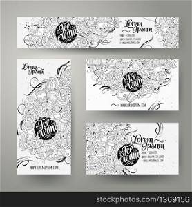 Corporate Identity vector templates set design with doodles hand drawn ice cream theme. Line art banner, id cards, flayer design. Templates set. Corporate Identity templates set doodles ice cream theme.