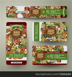 Corporate Identity vector templates set design with doodles hand drawn Italian food theme. Colorful banner, id cards, flayer design. Templates set. Corporate Identity templates set with doodles Italian food