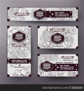Corporate Identity vector templates set design with doodles hand drawn Italian food theme. Line art banner, id cards, flayer design. Templates set. Corporate Identity templates set with doodles Italian food