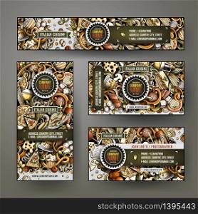 Corporate Identity vector templates set design with doodles hand drawn Italian food theme. Colorful banner, id cards, flayer design. Templates set. Corporate Identity vector templates set design with doodles hand drawn Italian food theme
