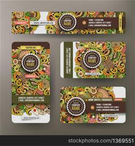 Corporate Identity vector templates set design with doodles hand drawn Japan food theme. Colorful banner, id cards, flayer design. Corporate Identity set with doodles Japan food theme
