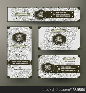 Corporate Identity vector templates set design with doodles hand drawn Japan food theme. Line art banner, id cards, flayer design. Corporate Identity set with doodles Japan food theme