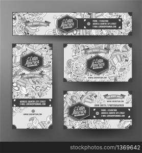Corporate Identity vector templates set design with doodles hand drawn Latin America theme. Sketchy banner, id cards, flayer design. Templates set. Cartoon doodles Latin American corporate identity