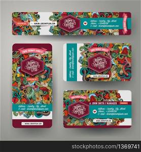 Corporate Identity vector templates set design with doodles hand drawn Love theme. Colorful banner, id cards, flayer design. Templates set. Corporate Identity vector templates set with doodles Love theme
