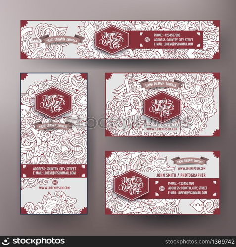 Corporate Identity vector templates set design with doodles hand drawn Love theme. Line art banner, id cards, flayer design. Templates set. Corporate Identity vector templates set with doodles Love theme