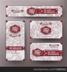 Corporate Identity vector templates set design with doodles hand drawn Love theme. Line art banner, id cards, flayer design. Templates set. Corporate Identity vector templates set with doodles Love theme