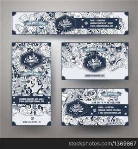 Corporate Identity vector templates set design with doodles hand drawn marine theme. Line art banner, id cards, flayer design. Templates set. Corporate Identity vector templates set doodles marine theme
