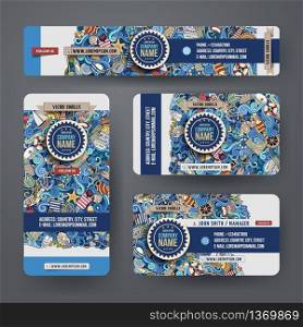 Corporate Identity vector templates set design with doodles hand drawn maritime theme. Colorful banner, id cards, flayer design. Templates set. Corporate Identity vector templates set design with doodles hand