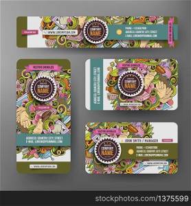 Corporate Identity vector templates set design with doodles hand drawn Massage theme. Colorful banner, id cards, flayer design. Templates set. Corporate Identity vector templates set with doodle Massage theme