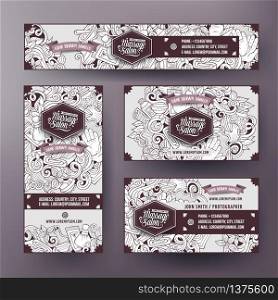 Corporate Identity vector templates set design with doodles hand drawn Massage theme. Line art banner, id cards, flayer design. Templates set. Corporate Identity vector templates set with doodle Massage theme