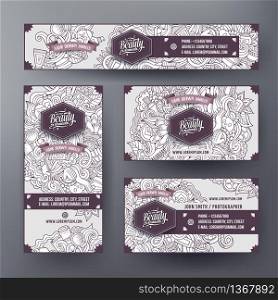 Corporate Identity vector templates set design with doodles hand drawn musical theme. Line art banner, id cards, flayer design. Templates set. Corporate Identity vector templates set with doodles musical theme
