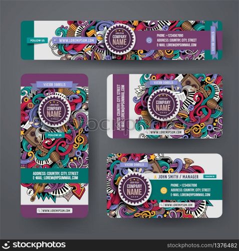 Corporate Identity vector templates set design with doodles hand drawn musical theme. Colorful banner, id cards, flayer design. Templates set. Cartoon hand-drawn doodles Musical identity