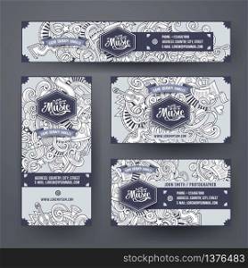 Corporate Identity vector templates set design with doodles hand drawn musical theme. Line art banner, id cards, flayer design. Templates set. Cartoon hand-drawn doodles Musical corporate identity
