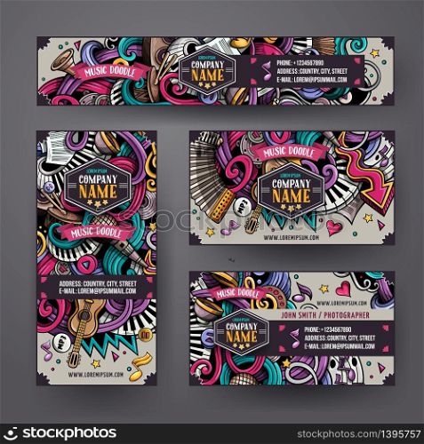 Corporate Identity vector templates set design with doodles hand drawn musical theme. Colorful banner, id cards, flayer design. Templates set. Cartoon hand-drawn doodles Musical identity