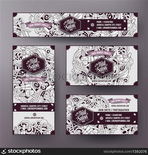 Corporate Identity vector templates set design with doodles hand drawn Nail salon theme. Colorful banner, id cards, flayer design. Templates set. Corporate Identity set design with doodles Nail salon theme