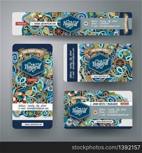 Corporate Identity vector templates set design with doodles hand drawn nautical theme. Colorful, id cards, flayer design. Templates set. Cartoon vector nautical doodle corporate identity