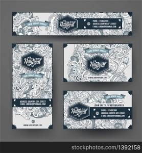 Corporate Identity vector templates set design with doodles hand drawn nautical theme. Line art banner, id cards, flayer design. Templates set. Cartoon vector nautical doodle corporate identity