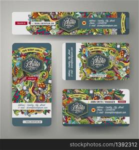 Corporate Identity vector templates set design with doodles hand drawn photo theme. Colorful banner, id cards, flayer design. Templates set. Corporate Identity templates set with doodles photo theme