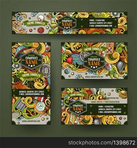 Corporate Identity vector templates set design with doodles hand drawn picnic theme. Colorful banner, id cards, flayer design. Templates set. Cartoon vector picnic doodle corporate identity