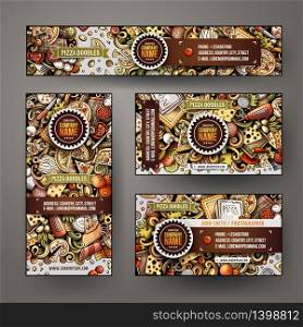 Corporate Identity vector templates set design with doodles hand drawn Pizza theme. Colorful banner, id cards, flayer design. Templates set. Corporate Identity vector templates set design with doodles hand drawn Pizza theme