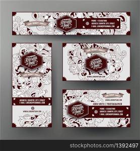Corporate Identity vector templates set design with doodles hand drawn Russian cuisine theme. Line art banner, id cards, flayer design. Templates set. Corporate Identity vector templates set with doodles Russian cuisine