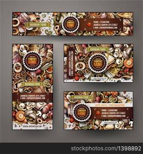 Corporate Identity vector templates set design with doodles hand drawn Russian food theme. Colorful banner, id cards, flayer design. Templates set. Corporate Identity set design with doodles hand drawn Russian food theme