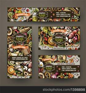 Corporate Identity vector templates set design with doodles hand drawn Russian food theme. Colorful banner, id cards, flayer design. Templates set. Corporate Identity set design with doodles hand drawn Russian food theme