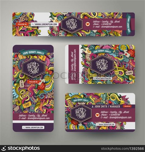 Corporate Identity vector templates set design with doodles hand drawn Sale theme. Colorful banner, id cards, flayer design. Templates set. Corporate Identity vector templates set with doodles Sale theme