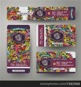 Corporate Identity vector templates set design with doodles hand drawn Sale theme. Colorful banner, id cards, flayer design. Templates set. Corporate Identity vector templates set with doodles Sale theme
