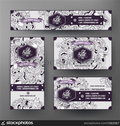 Corporate Identity vector templates set design with doodles hand drawn Sale theme. Line art banner, id cards, flayer design. Templates set. Corporate Identity vector templates set with doodles Sale theme