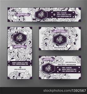 Corporate Identity vector templates set design with doodles hand drawn Sale theme. Line art banner, id cards, flayer design. Templates set. Corporate Identity vector templates set with doodles Sale theme