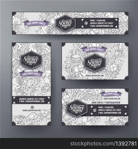 Corporate Identity vector templates set design with doodles hand drawn science theme. Line art id cards, flayer design. Templates set. Cartoon doodles science corporate identity