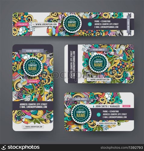 Corporate Identity vector templates set design with doodles hand drawn science theme. Colorful banner, id cards, flayer design. Templates set. Cartoon doodles science corporate identity