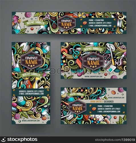 Corporate Identity vector templates set design with doodles hand drawn Science theme. Colorful banner, id cards, flayer design. Templates set. Corporate Identity vector templates set design with doodles Science theme